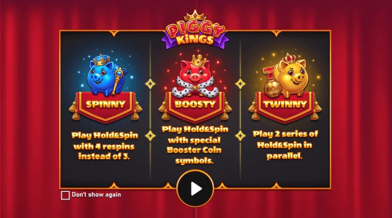 Piggy Kings - Hauptbildschirm mit drei Schweinchen und Walzen